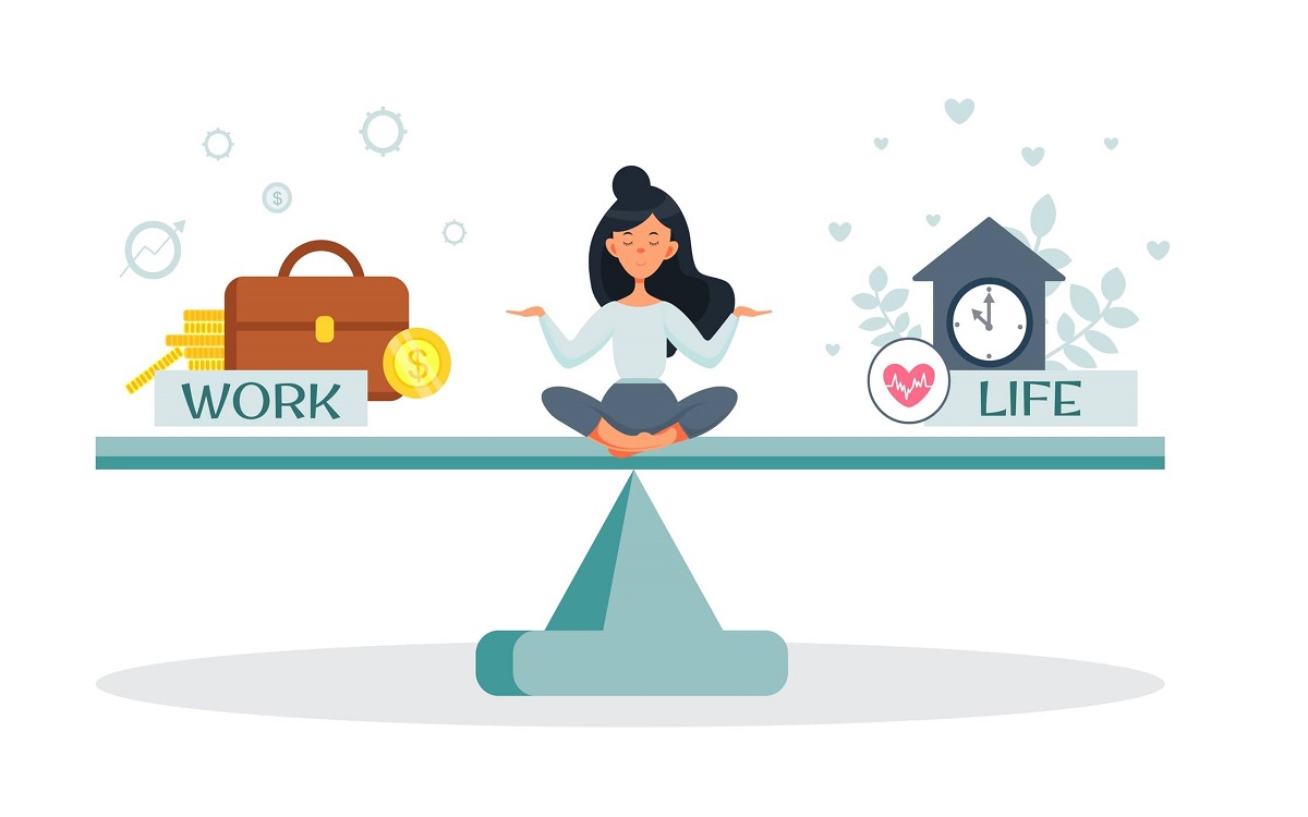 An illustration of a woman on the scale balancing work and life as a digital nomad